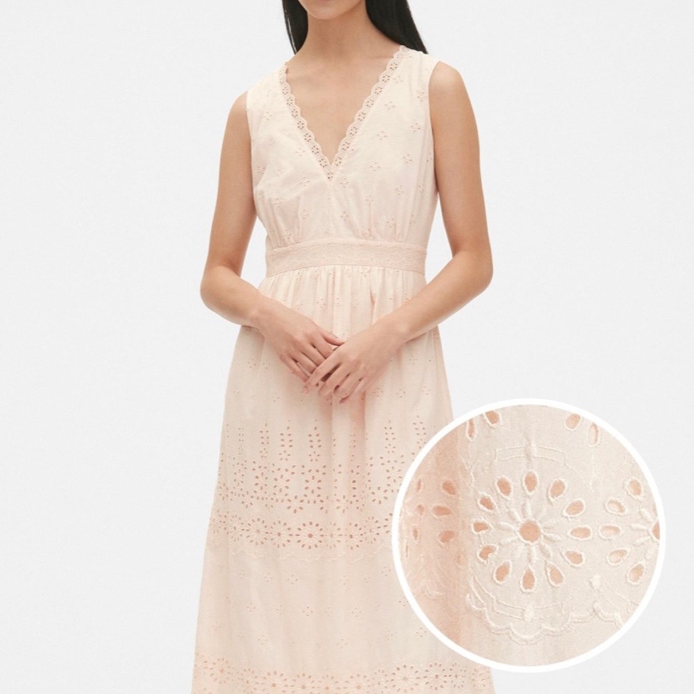 Eyelet Embroidered Sleeveless V-neck Midi Dress